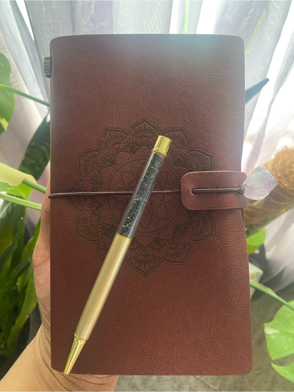 Leather Journal Notebook in Brown with Elastic Closure and Obsidian Filled Pen